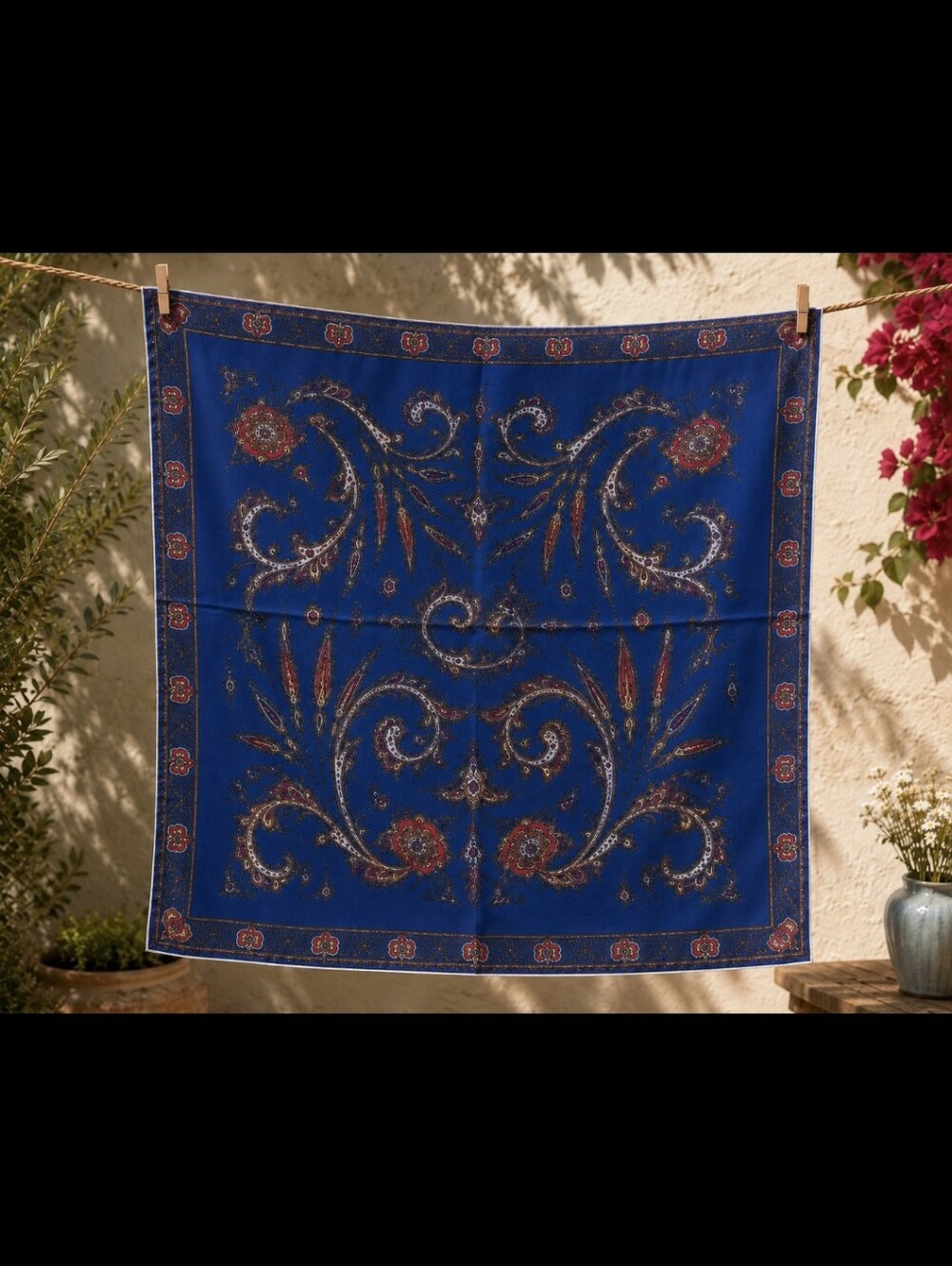 Silk Scarf Hand Rolled  27x27 Blue Paisley Design Multi Purpose